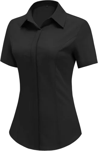 HOTOUCH Camisas de manga corta con botones para mujer, blusa con cuello ajustado, blusa básica de verano para oficina, tallas S-2XL