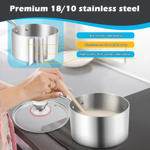 Miniatura 4 de E-far Cacerola de 1 cuarto de galón, sartén de acero inoxidable de tres capas con tapa de vidrio, pequeña olla de inducción de cocción compatible