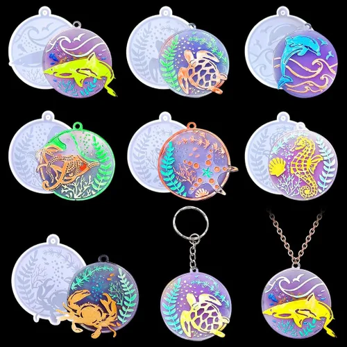 Molde de resina para llavero, moldes de silicona de animales marinos, moldes redondos de resina epoxi, molde de colgante de llavero circular, con