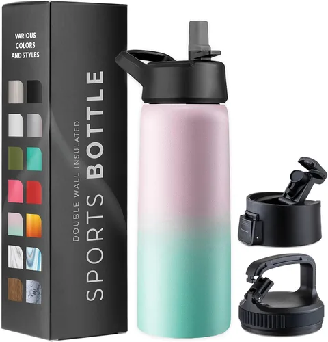 Botellas de agua de doble pared con aislamiento y pajilla, botella de metal de acero inoxidable con 3 tapas a prueba de fugas, para viajes, escuela,