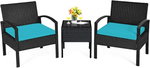 Miniatura 12 de Tangkula Juego de 3 piezas para conversación de patio, juego de sofá de ratán al aire libre con cojines de asiento y mesa auxiliar, juego de muebles