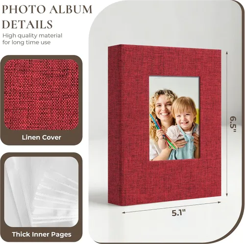 Miniatura 4 de Vienrose Álbum de fotos pequeño de 4 x 6 pulgadas, paquete de 2 mini libros de fotos con cubierta de lino, 26 páginas con capacidad para 52 Rojo