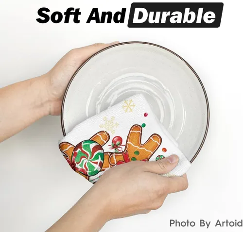 Miniatura 5 de Artoid Mode Juego de 2 toallas de cocina de Navidad con caramelo de jengibre, 18 x 26 pulgadas, bola de Navidad, decoración de invierno, toallas