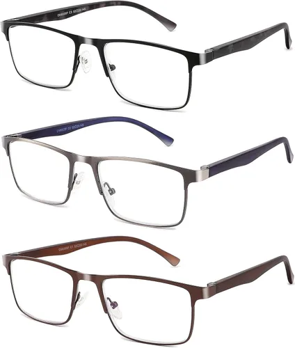 Paquete de 3 lentes de lectura para hombre, filtro de luz azul, marco completo, lectores de metal, antiUV, fatiga ocular/deslumbramiento