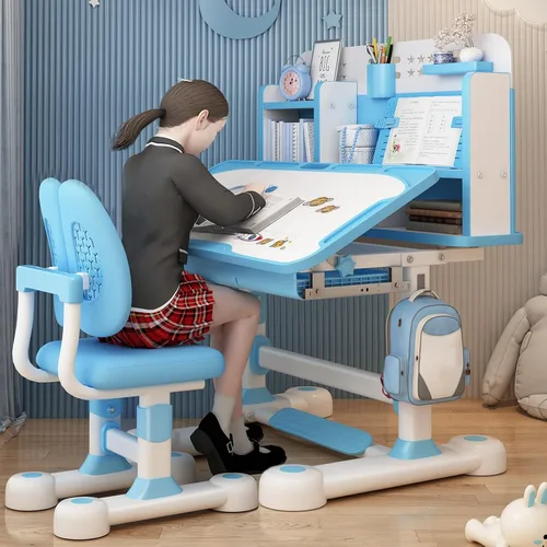 Miniatura 3 de Juego de silla de escritorio funcional para niños, juego de sillas de mesa escolar para niños con diseño de partición, altura ajustable, soporte Azul