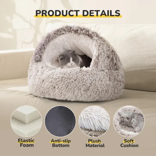 Miniatura 2 de CATISM Cama de felpa con capucha para gatos, nido relajante, cueva autocalentable, cómoda cápsula para gatos de interior o perros pequeños, cala