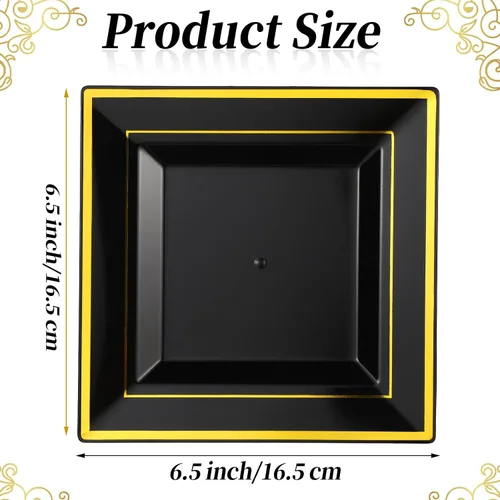 Miniatura 2 de 200 platos de plástico negro y dorado de 6.5 pulgadas, platos de postre cuadrados desechables para aperitivos, pasteles, ensalada, cubiertos