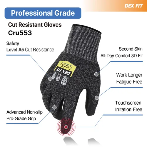 Miniatura 2 de DEX FIT Guantes resistentes a cortes extremos nivel 5 Cru553, agarre de poder antideslizante y delgado, ajuste cómodo 3D de grado profesional, Azul