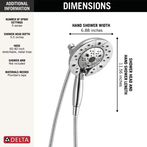 Miniatura 5 de Cabezal de ducha dual In2ition de 5 pulverizaciones Delta Faucet con rociador de mano, cabezal de ducha cromado H2Okinetic con manguera, cabezales