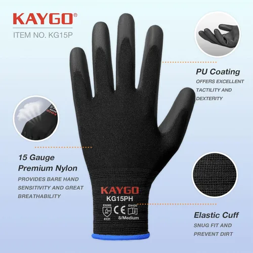 Miniatura 2 de KAYGO Guantes de trabajo con revestimiento de poliuretano 12 pares, KG15P, forro de nailon con revestimiento de poliuretano flexible, guantes