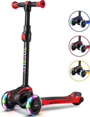TONBUX Patinete para niños de 3 a 12 años, patinete para niños pequeños con 4 alturas ajustables, patinete de 3 ruedas con luces, diseño de Rojo