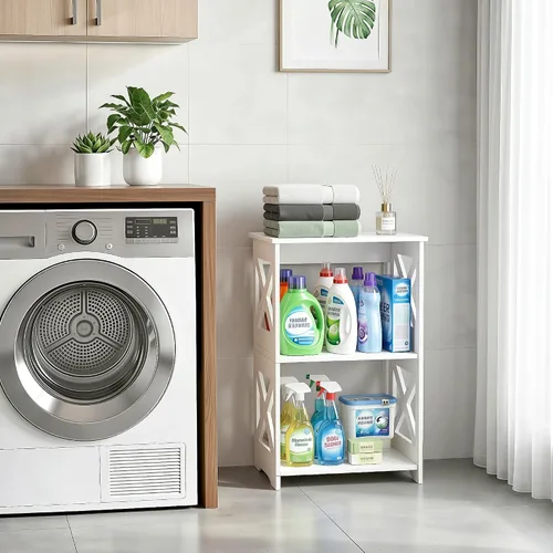 Miniatura 6 de BYFU Mesa auxiliar de 3 niveles, mesa auxiliar pequeña con estante de almacenamiento, mesita de noche blanca, mesita de noche, estantería