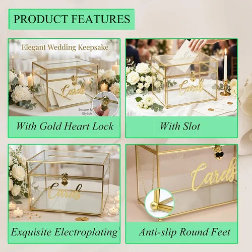Miniatura 3 de Caja de tarjetas de boda con cierre de corazón, caja de tarjetas de vidrio de metal grande con marco dorado para recepción de fiestas, bodas, baby