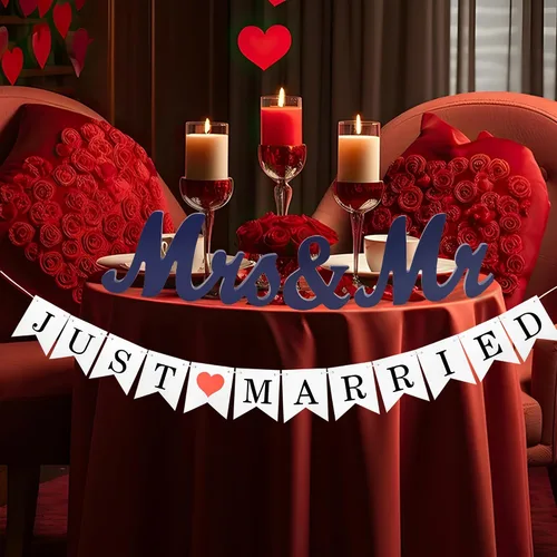 Miniatura 3 de Señal de Sr. y Sra. con pancarta de recién casados para la mesa de la boda, letras de madera de Sr. y Sra., artículos de decoración de boda de Sr.