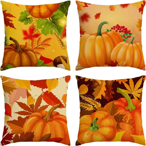 Miniatura 12 de Juego de 4 fundas de almohada de otoño de 12 x 12 pulgadas, fundas de almohada de calabazas de Acción de Gracias, fundas de cojín decorativas