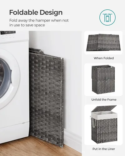 Miniatura 7 de SONGMICS Cesta de lavandería con tapa, cesta de ropa de 90 litros con 2 bolsas de forro extraíbles, 6 bolsas de malla, canasta de mimbre para Gris