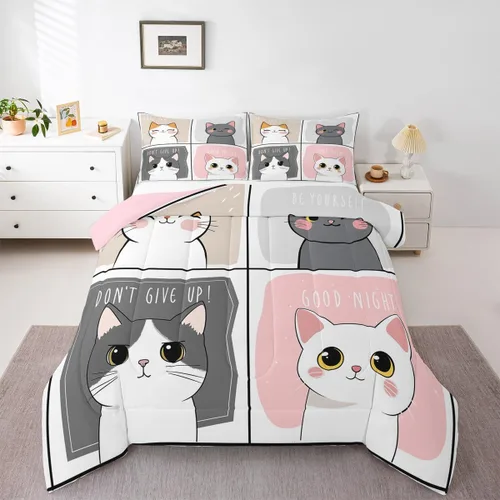 Miniatura 38 de Erosebridal Edredón de Gatos Lindos para Niños con Líneas de Arcoíris Neón, Juego de Ropa de Cama Individual para Niñas, Niños y Adolescentes, Gatos