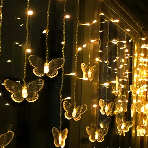 Miniatura 2 de Luces de cortina de mariposas, 13 pies, 96 luces LED USB, luces de hadas para ventana, 16 mariposas, 8 modos, luces de luciérnaga, centelleo, Blanco