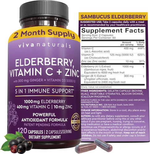 Viva Naturals Saúco con vitamina C y zinc para adultos - 5 en 1 Cápsulas de saúco negro Sambucus con vitamina D3 5000 UI Suplemento de inmunidad,