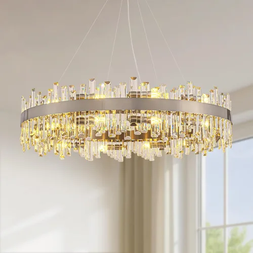 Miniatura 21 de Siljoy Candelabro moderno de cristal de 12 luces de oro cepillado de 2 niveles con forma de gota de lluvia de cristal, ajustable, montaje al ras