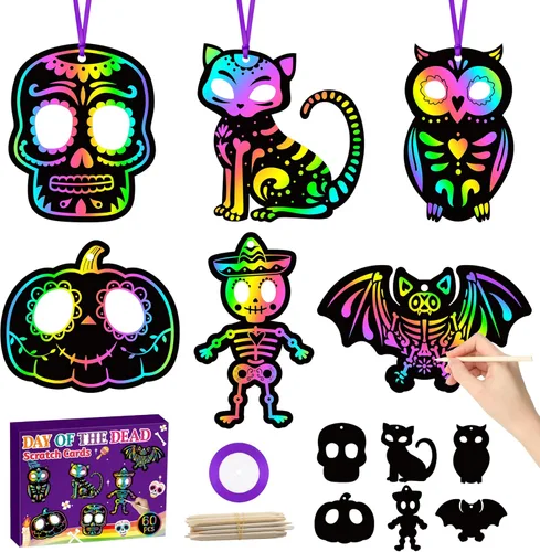 Miniatura 14 de CY2SIDE Tarjetas de rascar de gato negro de Halloween - Juego de 60 piezas de tarjetas de ornamento espeluznante de Halloween para niños, kit