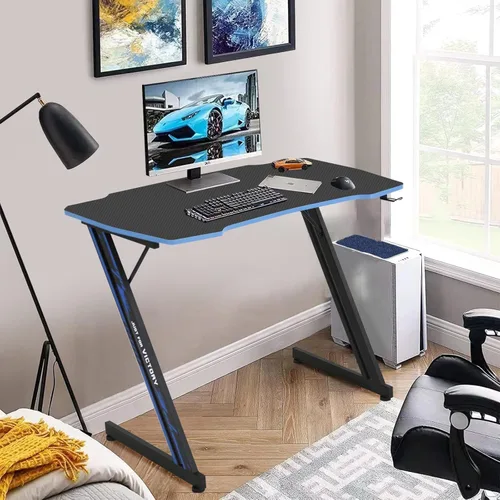 Miniatura 5 de Escritorio para juegos de 35 pulgadas en forma de Z con gancho, mesa de juegos para PC barata, escritorio de oficina en casa para cama, sofá, Azul