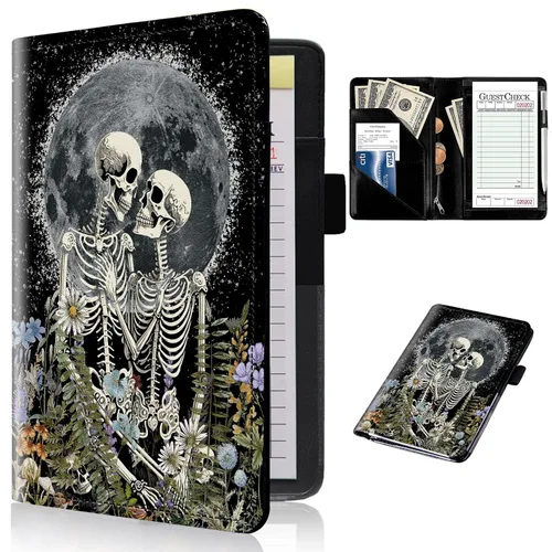 Miniatura 31 de Libros de servidor para camareras con bolsillo con cremallera – Libro de camarera gótico pastel con calavera de bruja, organizador de dinero