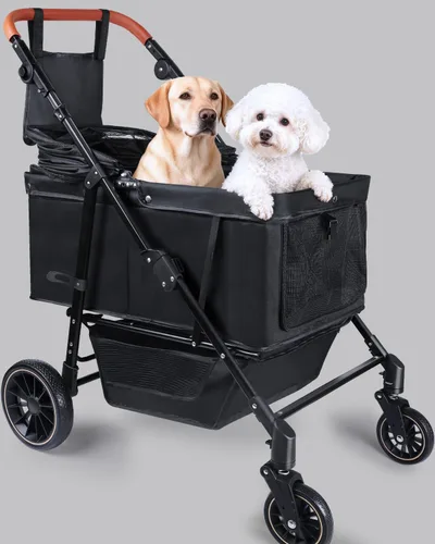 Cochecito para perros grandes y medianos (hasta 66 libras), cochecito para mascotas para 2 perros pequeños con asa y toldo ajustables, sombrillas,
