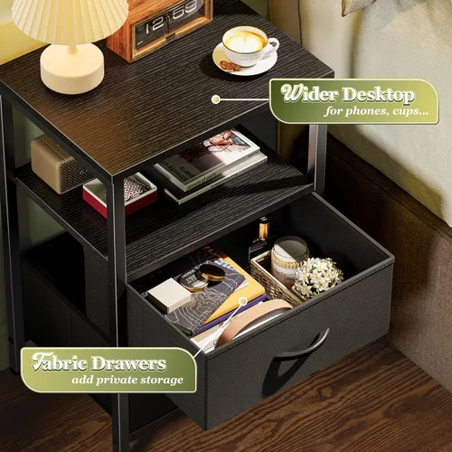 Miniatura 5 de Huuger Mesita de noche con 2 cajones, mesa auxiliar de cama con estante abierto, parte superior de madera, mesita de noche para dormitorio, mesa