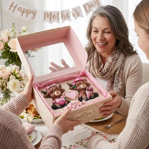 Miniatura 5 de Karenhi 2 piezas de figuritas de vaca de las Tierras Altas para el Día de la Madre, figuritas de gnomo de vaca con flores y corazón de MADRE
