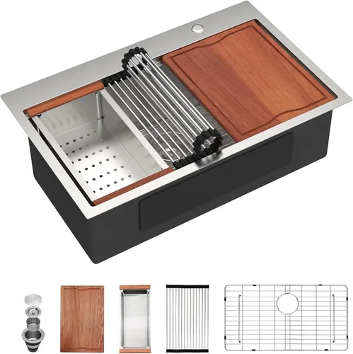 Miniatura 9 de Dcolora 33x22 Fregadero de cocina de acero inoxidable de 16 calibres, estación de trabajo de caída, fregadero de cuenco único grande, montaje