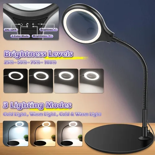 Miniatura 2 de NZQXJXZ Lupa de escritorio de 10 x 20 veces con luz y soporte, lámpara de aumento con 3 modos de color, luz iluminada para manualidades manos
