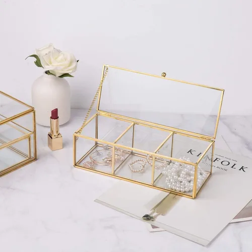 Miniatura 9 de Feyarl Caja de té de vidrio dorado, organizador de exhibición de concha de mar, cosméticos, encimera, caja de frascos, almacenamiento de joyas