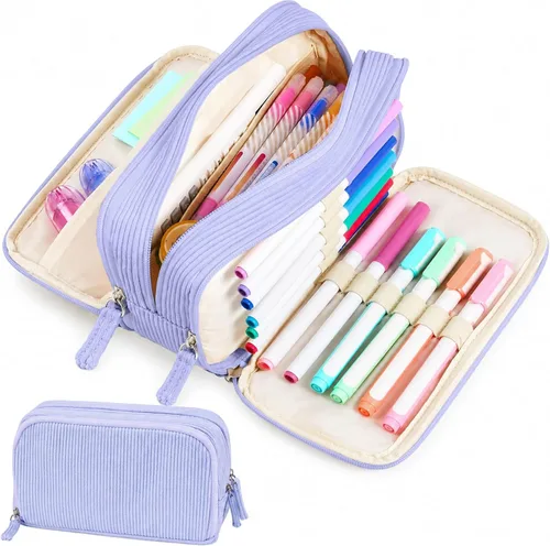 Miniatura 11 de Sooez Estuche de Lápices de Gran Capacidad con Funda para Bolígrafos, Bolsa de Lápiz de Corduroy Suave con 3 Compartimentos, Múltiples Bolsillos