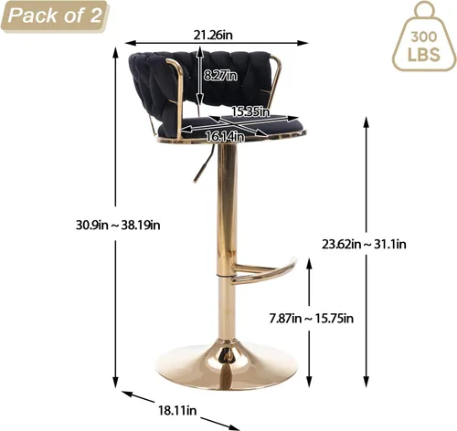 Miniatura 3 de Juego de 2 taburetes de bar giratorios de terciopelo, taburete de bar ajustable con respaldo tejido, sillas de comedor tapizadas, taburetes de bar
