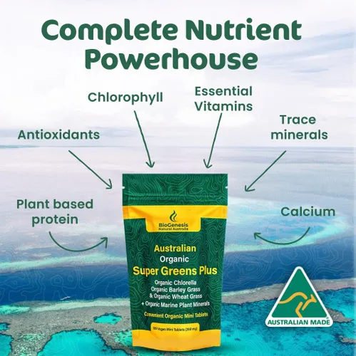 Miniatura 2 de Biogenesis SuperGreens Plus Tabletas – 300 unidades (200 mg) Sin sabor Clorella orgánica, pasto de trigo y hierba de cebada Cultivado
