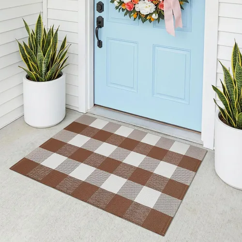 Miniatura 29 de KOZYFLY - Alfombras de área a cuadros de búfalo de 2x3 pies, alfombra a cuadros en negro y blanco lavable, alfombra de puerta delantera tejida a