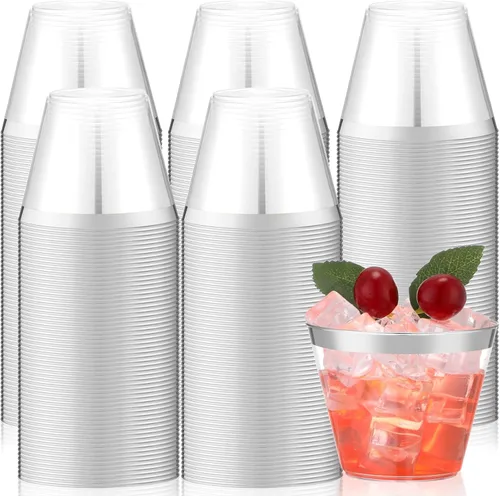 Lounsweer 100 Piezas Vasos de Plástico con Borde de 9oz, Vasos de Cóctel Transparentes para Bodas, Copas de Vino Desechables Resistentes para