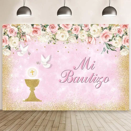 Miniatura 8 de AIBIIN Mi Bautizo - Telón de fondo para niño, cartel de bautizo de palomas de cáliz dorado, fondo para fotografía de bautizo, floral azul, primera