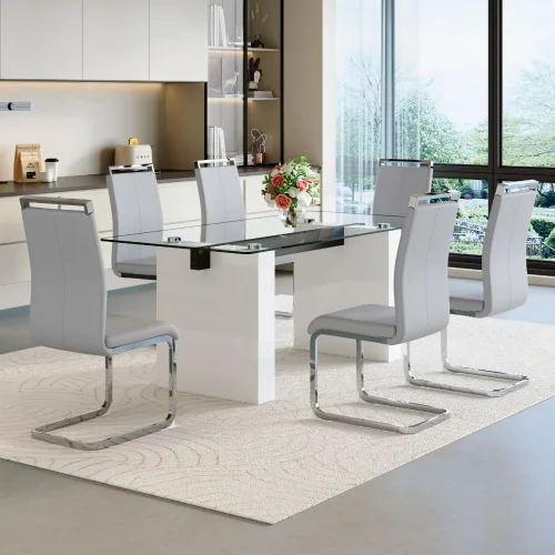 Miniatura 15 de FURNITO Mesa de comedor de vidrio de 71 pulgadas para 6 a 8,0,39 pulgadas de superficie de vidrio grueso con mesa de comedor de pedestal de MDF Mesa