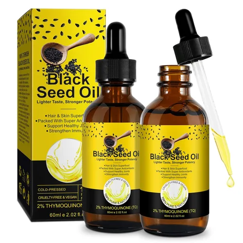 Paquete de 2 aceite de semilla negra, 2.1 fl oz, orgánico prensado en frío, sin refinar, aceite de semilla negra natural puro para el crecimiento