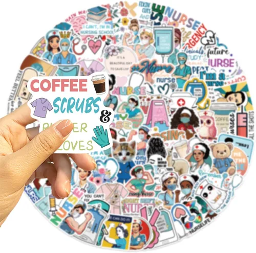 Miniatura 2 de Divertidas calcomanías para enfermeras para niñas, enfermeras adultas, 100 unidades, lindas calcomanías estéticas de enfermería impermeables