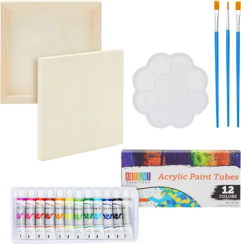 Juego de pintura de lienzo de madera de 18 piezas de 8 x 8 pulgadas, 2 tableros de pintura de madera natural con 12 tubos de pintura acrílica, 3