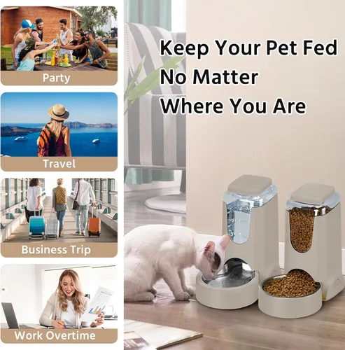 Miniatura 2 de Paquete de 2 alimentadores automáticos para gatos y dispensador de agua de acero inoxidable, juego de bebedero para perros por gravedad, juego