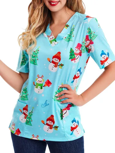 Miniatura 2 de Camisa de cuello en V con estampado de Navidad, muñeco de nieve azul claro