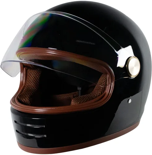 Miniatura 9 de Casco retro para motocicleta Loyoriwy para adultos: Casco integral vintage con sistema de ventilación, diseño impermeable para motociclismo Negro