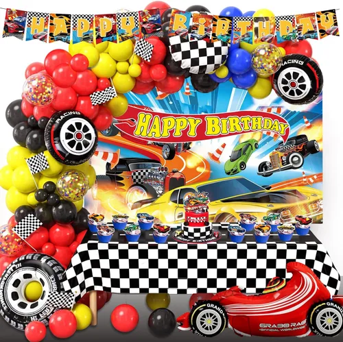 Hot Race Cars - Kit de decoración de fiesta de cumpleaños con ruedas, incluye telón de fondo, bandera, arco de guirnalda de globos, mantel,