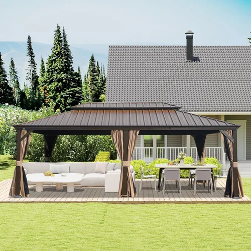 Miniatura 27 de Domi - Cenador permanente de metal con techo rígido de 8 x 8 pies, con doble techo de acero galvanizado, cortinas y malla para fiestas, bodas, Gris