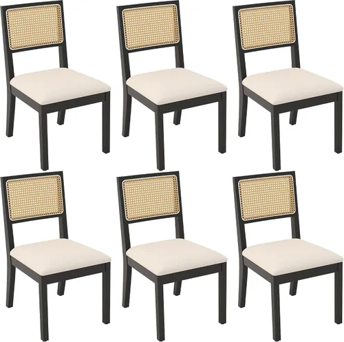 Westice Juego de 6 sillas de comedor de ratán, sillas de comedor naturales de granja con cojín tapizado, sillas de madera sin brazos para