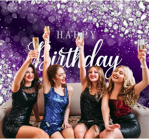 Miniatura 4 de Cartel de feliz cumpleaños morado para mujer, decoración de fondo de 5.9 x 3.6 pies con diamantes plateados brillantes, pancarta de feliz